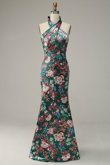 Imprimé Fleur Halter Satin Robe de bal